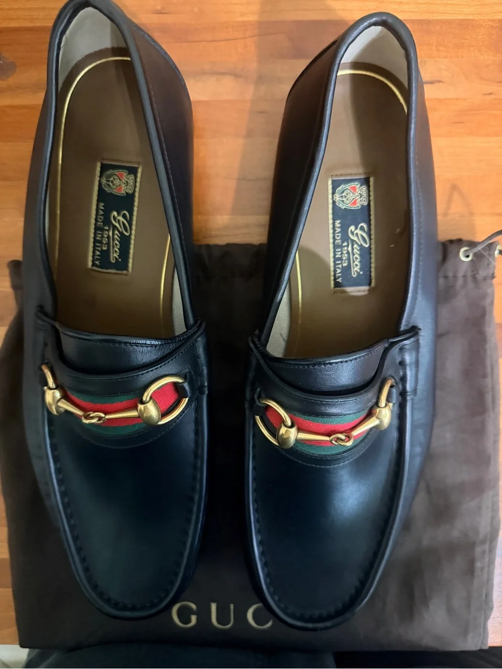 Gucci Black Leather Como Loafers with Red-Green Web & Gold Horsebit